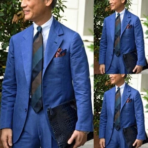 Blue Linen Men's Suits 2Pcs Wedding Groom Tuxedos Notch Lapel Blazer Jacket - Picture 1 of 8