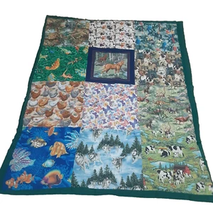 Handarbeit maschinengenäht Überwurf Schoß Quilt Quadrat Block Tiermotiv Decke - Bild 1 von 13