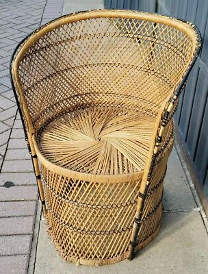 Silla vintage bohemia tejida ratán mimbre respaldo corto pavo real barril acento 30" Foto 1 de 4