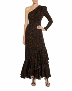 NWT ERDEM DORIANNA CAMEL LEOPARD PRINT ONE SHOULDER LONG DRESS SIZE 10 $2994 - Picture 1 of 12