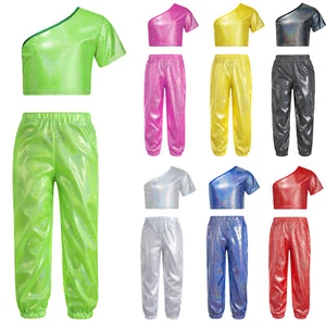 Girls Set Shiny Costume 2pcs Outfits Jazz Crop Top Elastic Waistband Dancewear - Picture 1 of 66