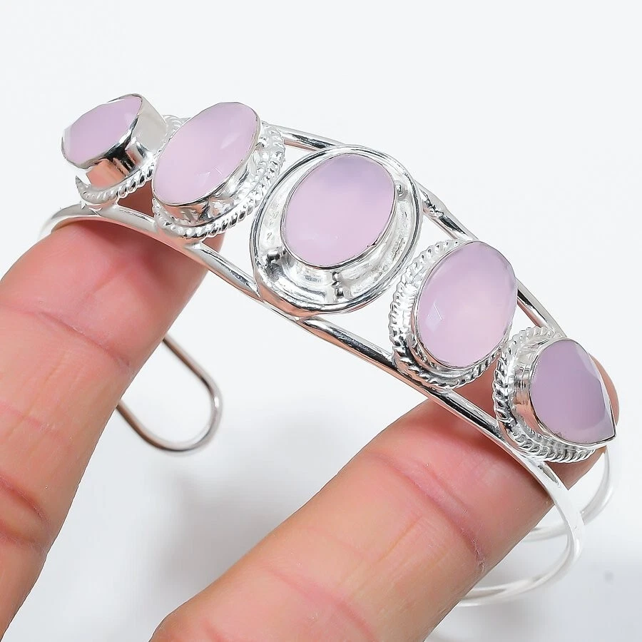 Rose Quartz  Gemstone Handmade 925 Sterling silver Cuff Bracelet Adjustable Foto 1 de 1
