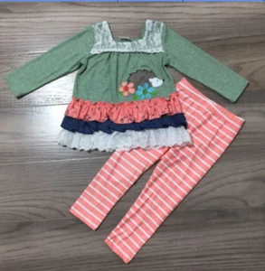 NEW Boutique Hedgehog Ruffle Tunic & Striped Leggings Girls Outfit Set - Picture 1 of 2