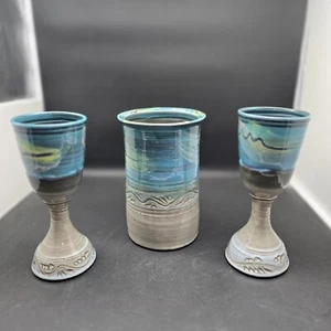 Raku Pottery Signed Turquoise and Gray 8” Tall & Goblets (x2) 8" - Picture 1 of 13