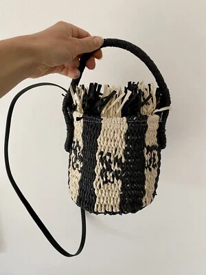 NWOT H&M Black & Cream STRIPED WOVEN STRAW DRAWSTRING BUCKET SHOULDER TOTE BAG - Image 1 of 4