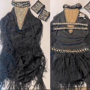 Glamour solo dance costume black fringe gems rhinestone embellished MA adult - Picture 1 of 10