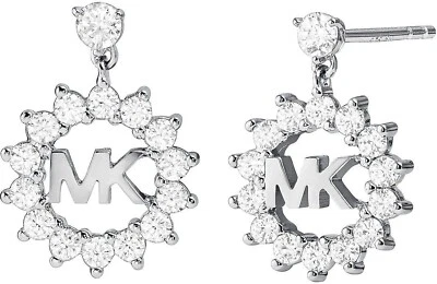 NEW MICHAEL KORS STERLING SILVER CRYSTALS MK MONOGRAM LOGO DROP EARRINGS MKC1254 - Image 1 of 3