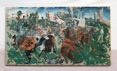 Tableau peint sur toile imitation fresque avec scène d'une bataille médiévale - Photo 1/4