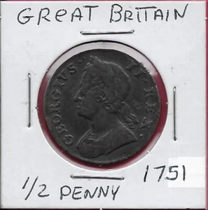 GREAT BRITAIN 1/2 PENNY 1751 GEORGE II,OLDER LAUREATE HEAD LEFT,BRITANNI - Picture 1 of 2