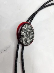Vintage 1987 Western Native Siskiyou Pewter on Red Bolo Tie #870303 - Picture 1 of 7