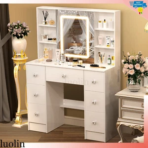 LED Lighted Vanity Makeup Dressing Table Desk With Sliding Mirror &Power Outlets - Picture 1 of 10