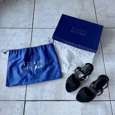 STUART WEITZMAN Sandalo Donna Nabuk Nero E Incrocio Elastico Con Plateau Tg 35 - Immagine 1 di 4