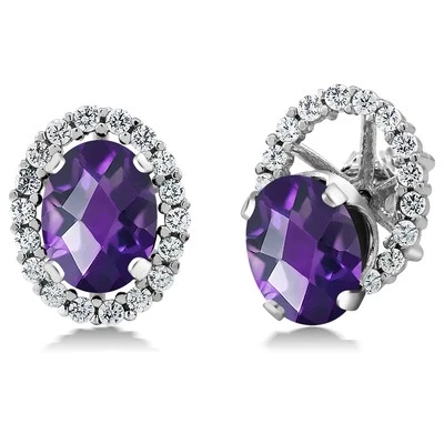 2.52 Ct Oval Checkerboard Purple Amethyst 925 Silver Stud Earrings with Jackets - Image 1 of 3