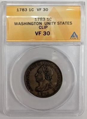 1783 1c Washington One Cent UNITY STATES Colonial Copper ANACS VF30 FREE SHIP - Image 1 of 4