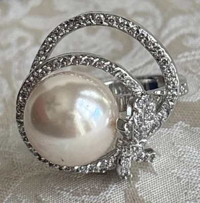 Park Lane Vintage Faux Pearl Ring Pave Crystal Bow Statement Silver Tone Size 9 - Image 1 of 4