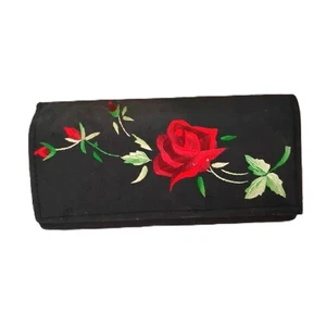 1960s Vintage Black Fabric Clutch Purse with Red Rose Embroidery and Mirror - Picture 1 of 5
