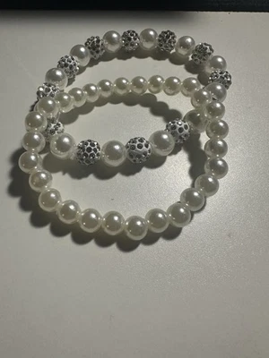 Juego de pulsera elástica de perlas con cuentas de diamantes de imitación, juego de 2 Foto 1 de 4