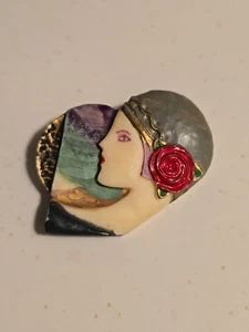 Vintage Woman Profile With Hat Painted Face Pin/Brooch - Picture 1 of 3