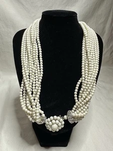 Vintage 1950s 8-Strand Milk Glass Bead Necklace Sterling Filigree Clasp Choker - Picture 1 of 6