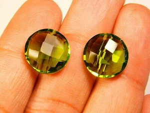 Pair Top Front To Back Drilled Hydro Peridot Qtz Round Checker Cut Beads 13x13mm - Picture 1 of 3