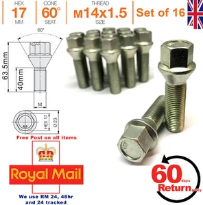 Car Alloy Wheel bolts M14x1.5 40mm extended Thread taper for Ssangyoung x 16 - Picture 1 of 6
