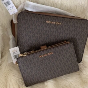 Michael Kors Jet Set Travel Crossbody Bag & Double Zip Wallet Brown/Acorn NWT - Picture 1 of 5