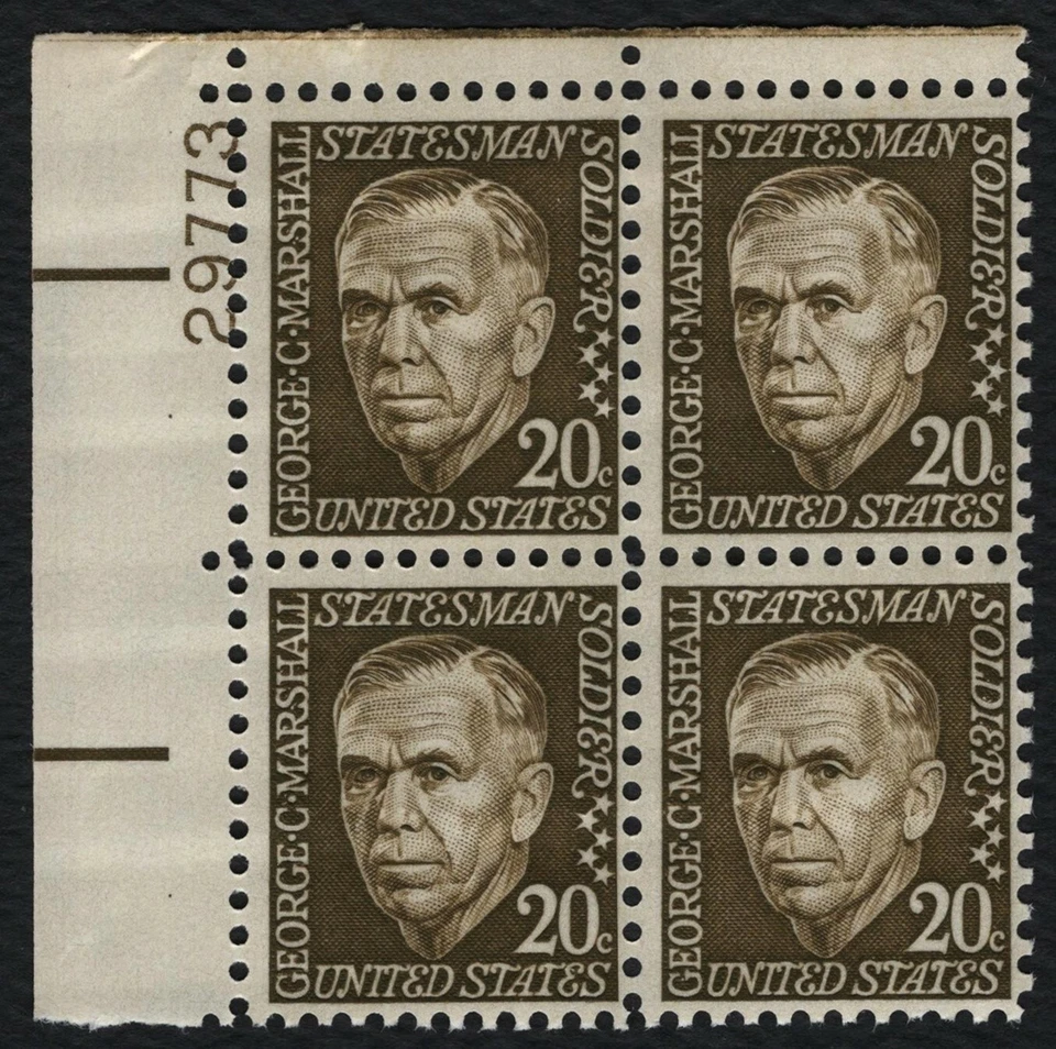 #1289 20c George Marshall, Plate Block [29773 UL] Mint **ANY 5=FREE SHIPPING** - Image 1 of 1