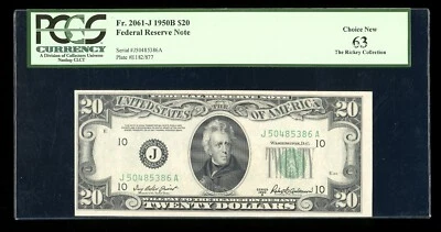 DBR 1950-B $20 FRN Kansas City Fr. 2061-J PCGS 63 Serial J50485386A - Image 1 of 2