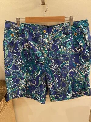 Ralph Lauren 蓝色浅绿色白色佩斯利花卉铐边百慕大短裤 18 W 码全新 — 第 1/4 张图片