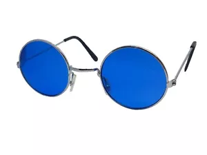 NOVELTY LENNON STYLE GLASSES ROUND TINTED BLUE FRAMES HIPPY 70S 80S FANCY DRESS - Picture 1 of 2