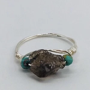 Smoky Quartz Ring Raw Faceted Natural Turquoise Silver Boho Wire Wrap 8.5 - Picture 1 of 6