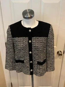 St. John Black White Tweed Silver Button Cropped Jacket, Size 6 - Picture 1 of 5