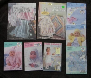 LOT CROCHET Red Heart Baby Afghans Booties Layettes Dresses Bonnets - Picture 1 of 3