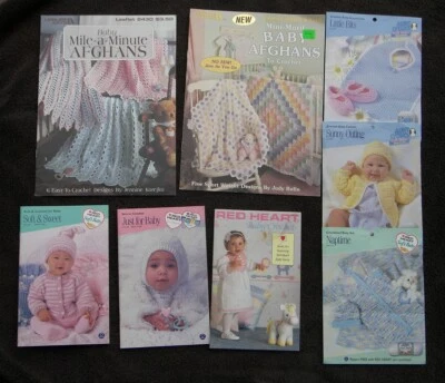 LOT CROCHET Red Heart Baby Afghans Booties Layettes Dresses Bonnets - Image 1 of 3