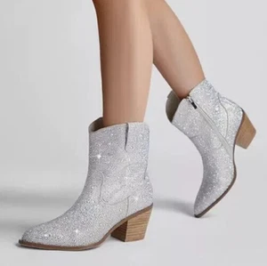 ITOZER Boots sz 41 Rhinestone Sparkly Silver Cowboy Pointed Toe Memory Foam - Picture 1 of 3