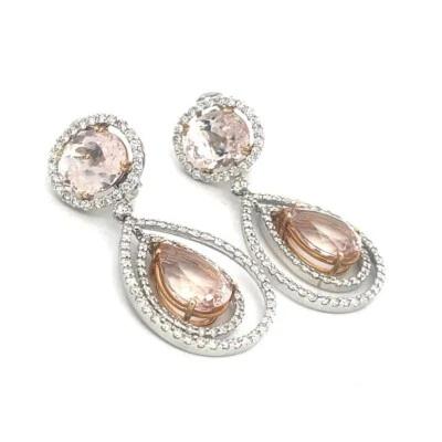 Morganite Gold Earrings Diamond 2.50ct 18k Two Tone Gold Dangle Pear Shape - Image 1 of 4