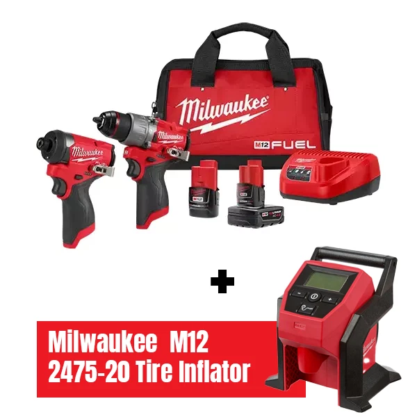 Milwaukee 3497-22 M12 FUEL Compact Drill and Driver Set + 2475-20 Tire Inflator - Image 1 of 1
