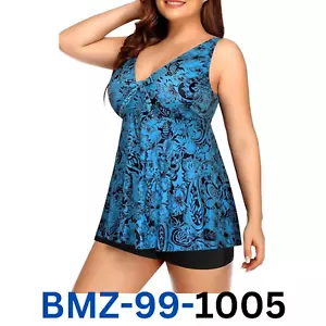 Yonique Two Piece Plus Size Tummy Control Swimwear Blue Paisley 26plus - Picture 1 of 6