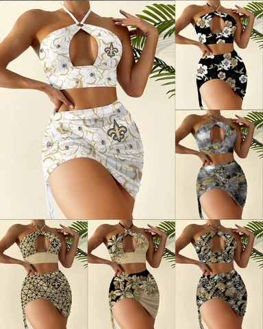 New Orleans Saints Women's 2Pcs Cutout Swimsuit Criss Cross Halter Bikini Set Cover