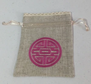 Beige/Wheat Colored with Pink Embroidery Jewelry Pouch w/Drawstring. 5”. NEW. - Picture 1 of 5