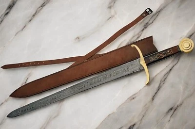 中世纪剑 | 31 英寸整体大马士革钢刀片全唐黄铜木柄 — 第 1/4 张图片