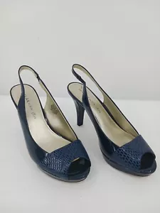 34Anne Klein Womens Slingbacks US 9.5 Blue Snake Print Patent Leather Platform - Picture 1 of 11