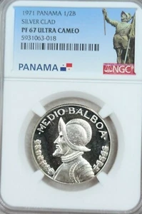 1971 PANAMA SILVER 1/2 BALBOA NGC PF 67 ULTRA CAMEO LOW MINTAGE SCARCE TOP POP - Picture 1 of 4