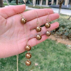 10mm Round South Sea Shell Pearl Beads Gold Chain Pendant Necklace Earrings Set