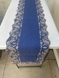 Williams Sonoma Table Runner Blue Floral Edges 81" x 14" - Picture 1 of 13