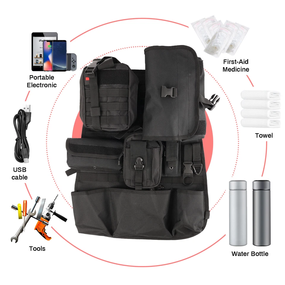 KFZ-Rückenlehnenschutz taktischer Molle Rücksitz-Organizer Schwarz Sieben Tasche