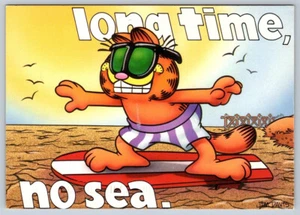 Garfield Beach Surfing, Long Time No Sea, 1997 Chrome Postcard, Art By Jim Davis - Picture 1 of 2
