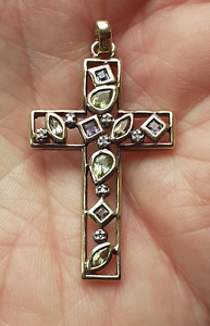 Beautiful 9ct GOLD Cross / Crucifix mounted PERIDOT, AMETHYST, TOPAZ & DIAMONDS