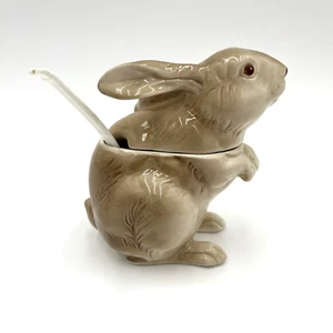 Vintage Otagiri Brown Bunny Rabbit Hand Painted Sugar Dish With Spoon - Picture 1 of 11