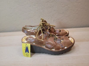 FLY London Brown Leather Sandals Wedge 6-6.5 US 37 EU Lace Up Peep Toe Slingback - Picture 1 of 7